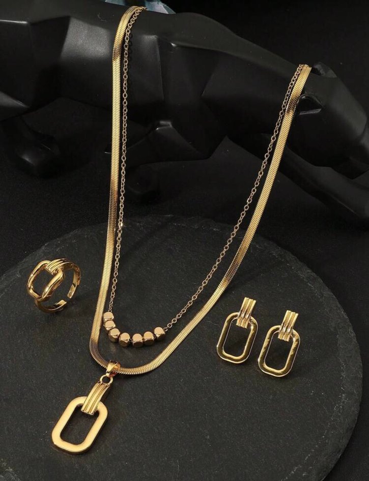 Paslanmaz çelik yılan zincir kolye küpe yüzük seti - Görsel 2