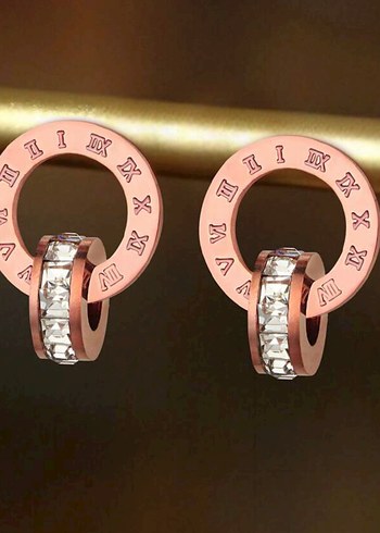 Paslanmaz çelik Roma rakam tasarım küpe kolye seti - Görsel 3