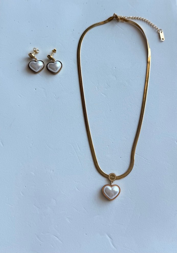 Paslanmaz çelik düz zincir kalp kolye küpe seti - Görsel 4