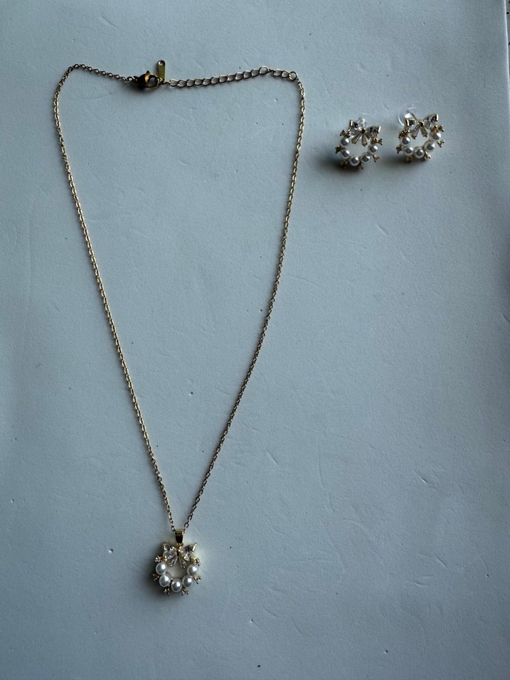 Paslanmaz çelik zincir inci kolye küpe seti - Görsel 4