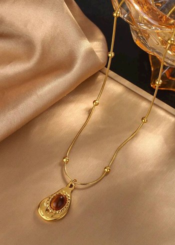 Paslanmaz çelik lüks stil amber boncuk küpe kolye seti - Görsel 2