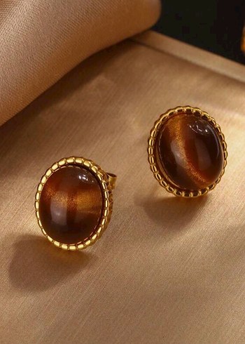 Paslanmaz çelik lüks stil amber boncuk küpe kolye seti - Görsel 3