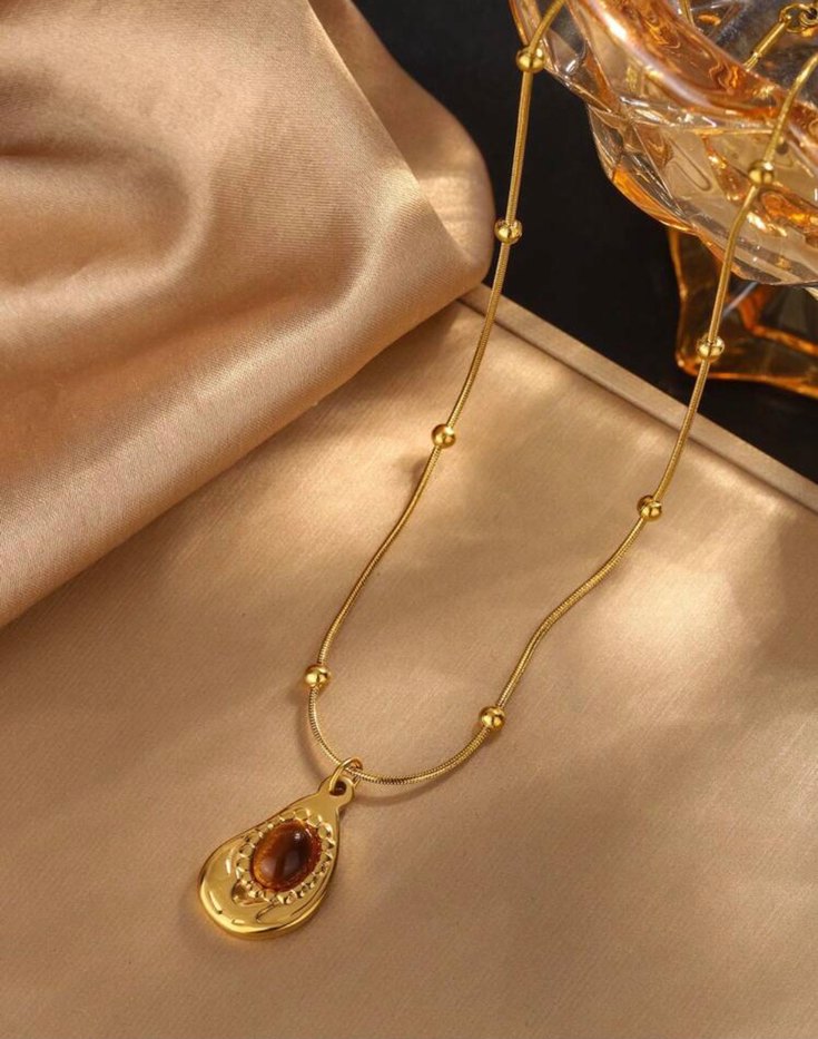 Paslanmaz çelik lüks stil amber boncuk küpe kolye seti - Görsel 2