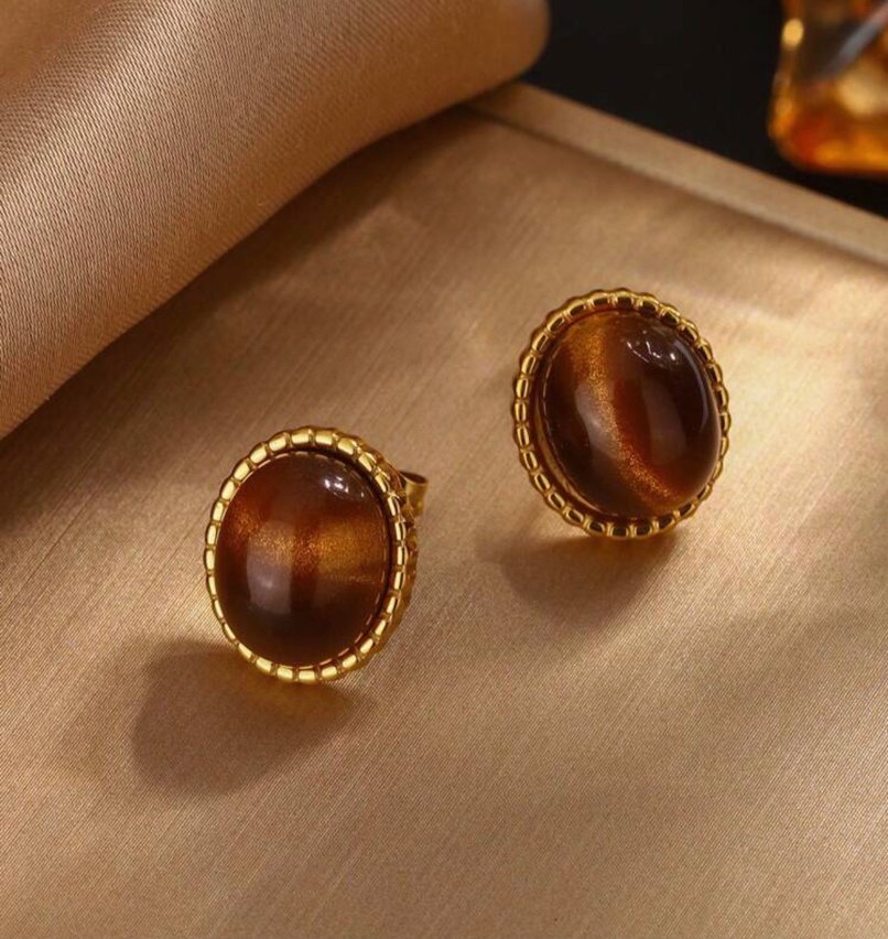 Paslanmaz çelik lüks stil amber boncuk küpe kolye seti - Görsel 3