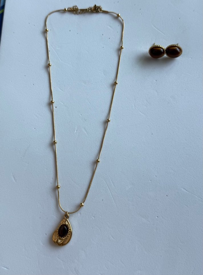 Paslanmaz çelik lüks stil amber boncuk küpe kolye seti - Görsel 4