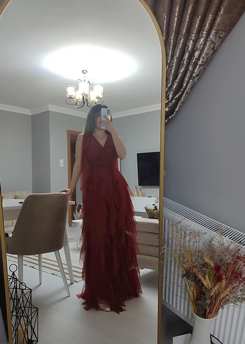 xs Beden bordo Renk kiremit renk fırfırlı abiye