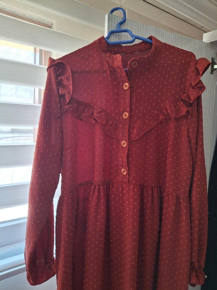 Düğmeli Kiremit Vintage Bohem Uzun Elbise - Görsel 2