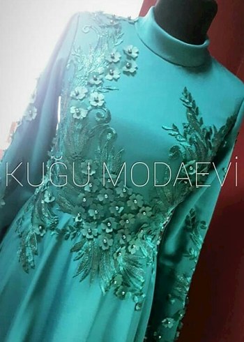 Turkuaz Uzun Kollu Drapeli Abiye Elbise - Görsel 2