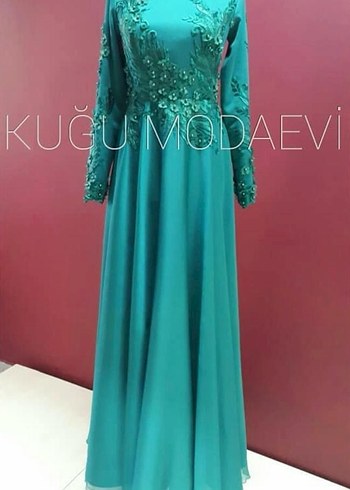 Turkuaz Uzun Kollu Drapeli Abiye Elbise - Görsel 3