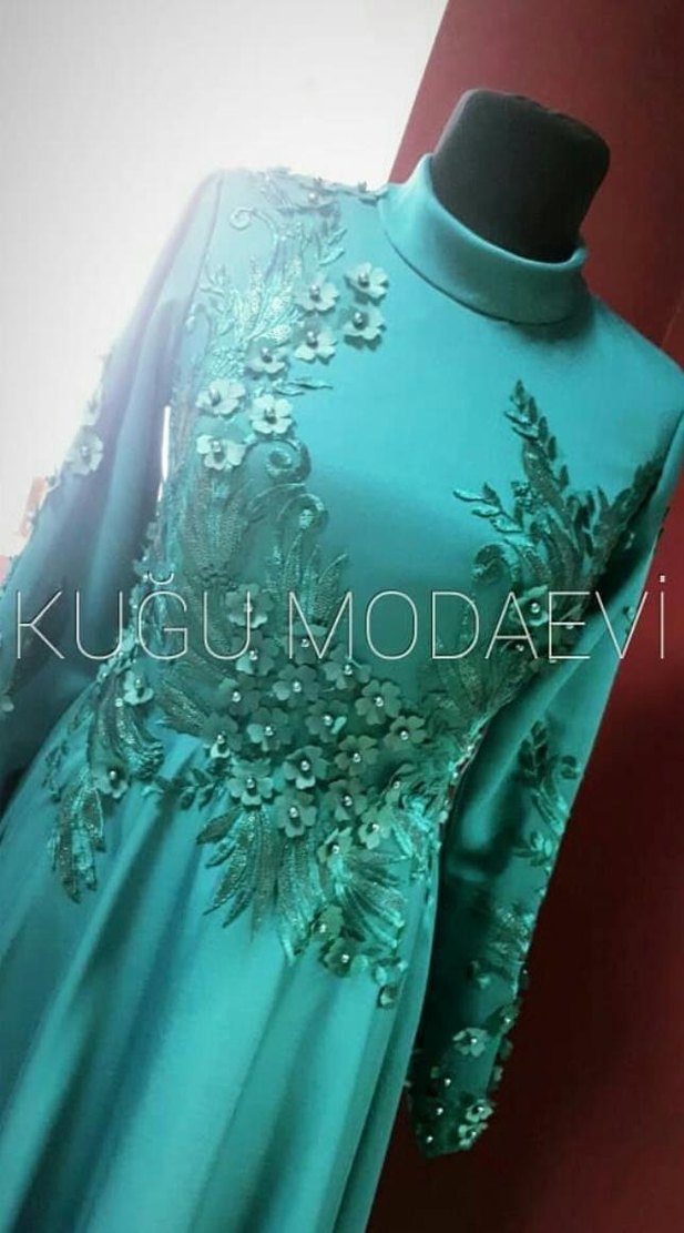 Turkuaz Uzun Kollu Drapeli Abiye Elbise - Görsel 2