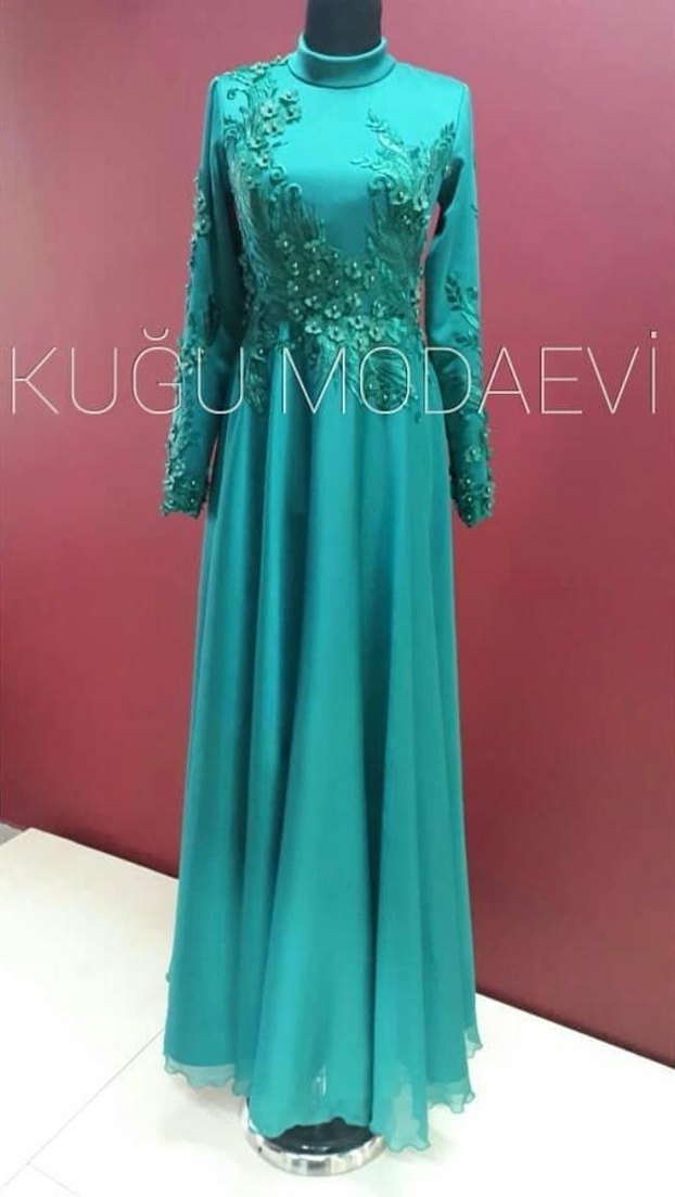 Turkuaz Uzun Kollu Drapeli Abiye Elbise - Görsel 3