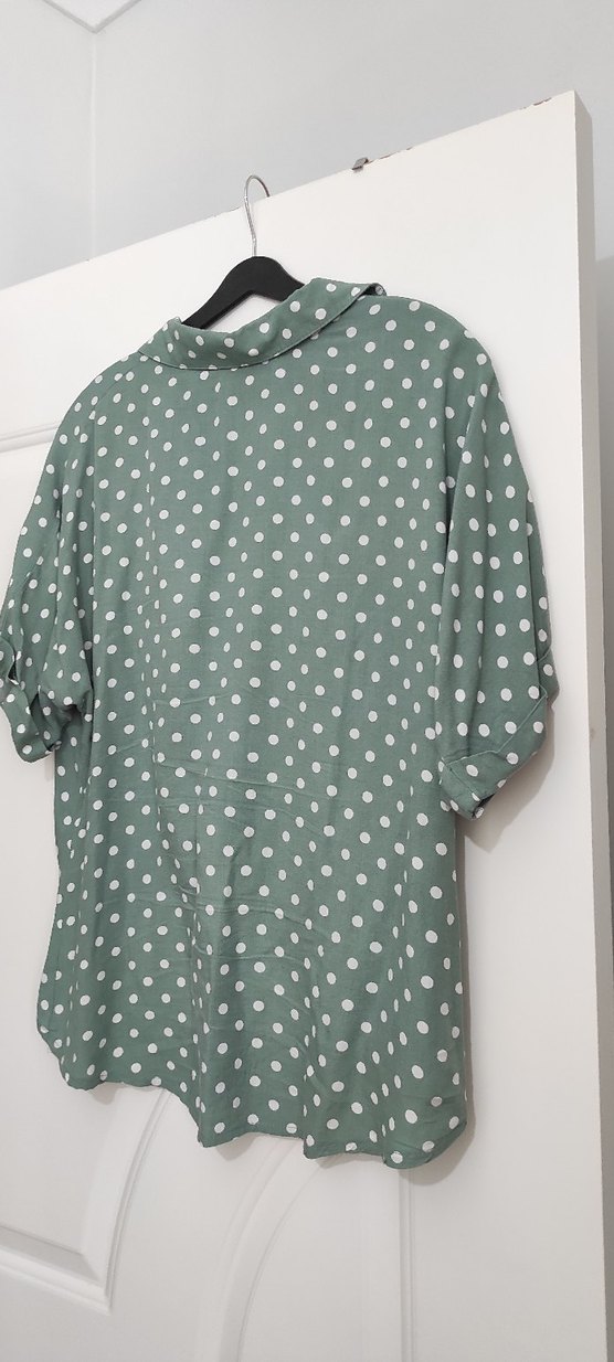 Düğmeli Puantiyeli V Yaka Kadın Gömlek yeşil - Görsel 2