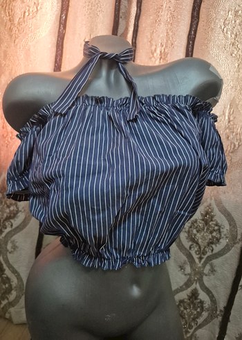 s Beden Mavi Çizgili Straplez Mini crop Bluz