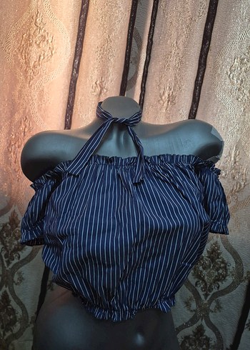 Defacto Mavi Çizgili Straplez Mini crop Bluz