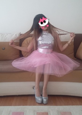 xs Beden Pembe Dantel payet Detaylı Elbise