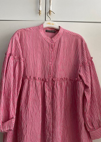 Pembe Çizgili Uzun Keten Gömlek