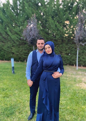 Uzun Kollu Drapeli Lacivert Abiye Elbise