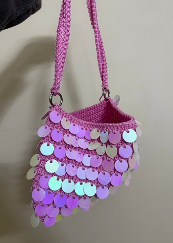 Zara Pembe Payetli Orgu Omuz Cantasi