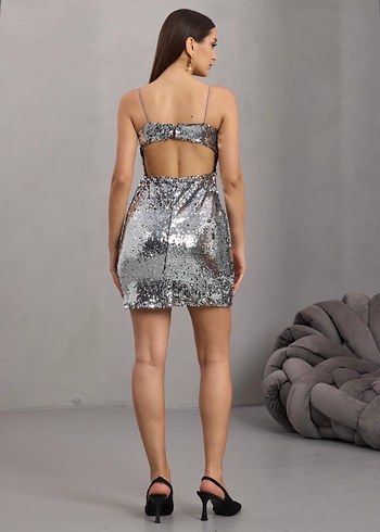 Gri Payetli Mini Abiye Elbise - Görsel 4