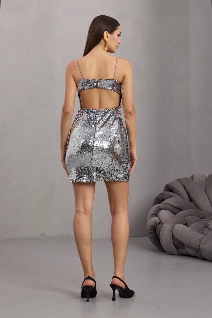 Gri Payetli Mini Abiye Elbise - Görsel 4