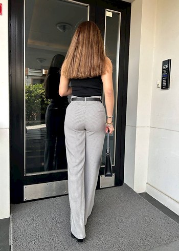 Kadın Gri Kareli Kemerli Cigarette Pantolon - Görsel 2