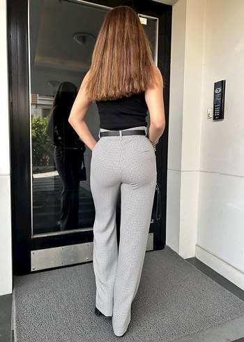 Kadın Gri Kareli Kemerli Cigarette Pantolon - Görsel 5