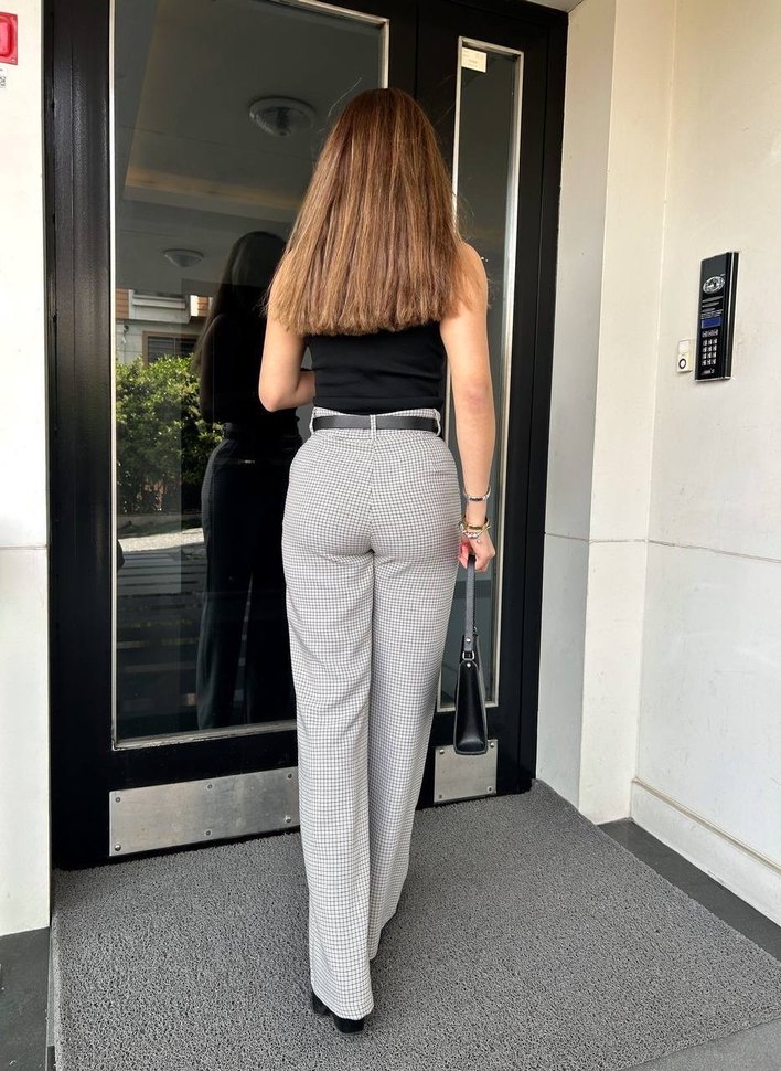 Kadın Gri Kareli Kemerli Cigarette Pantolon - Görsel 2