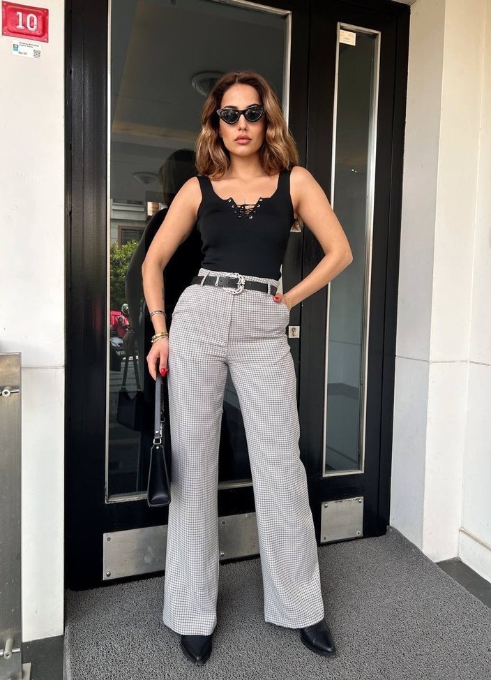 Kadın Gri Kareli Kemerli Cigarette Pantolon - Görsel 4