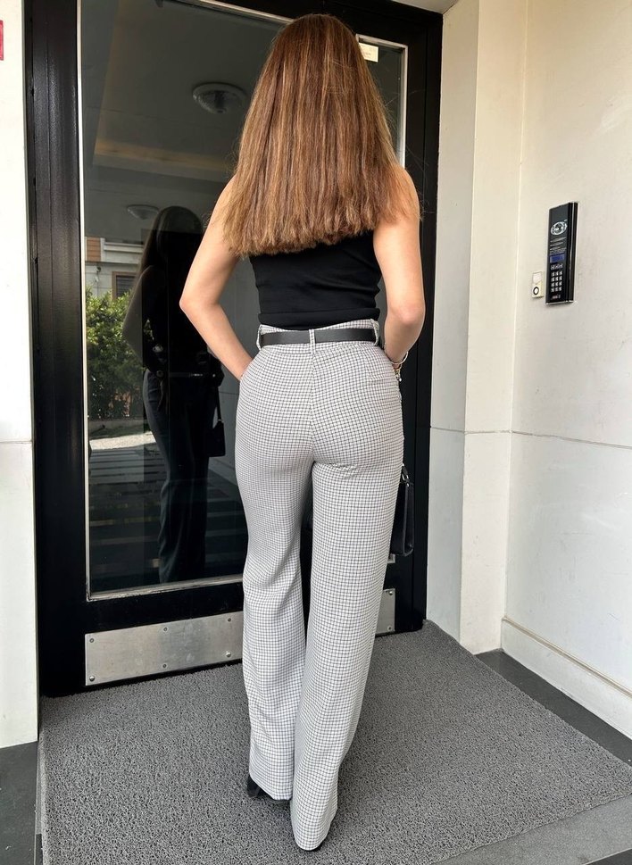 Kadın Gri Kareli Kemerli Cigarette Pantolon - Görsel 5