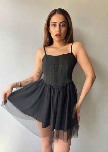 Dantel Detaylı Siyah Mini Gotik Elbise