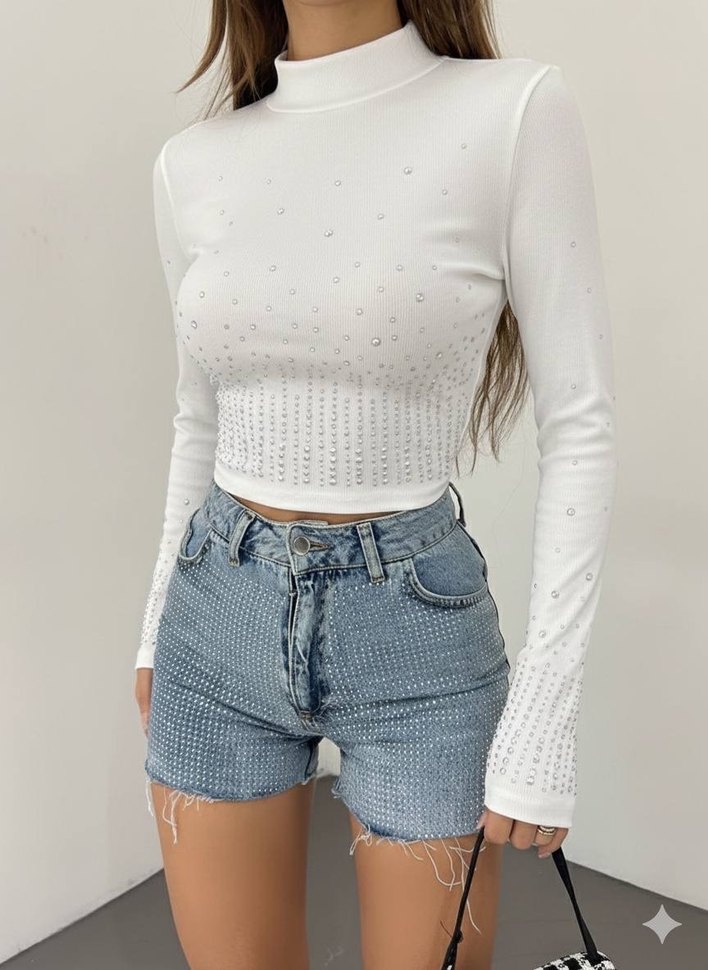 Nakışlı ve Pul İşlemeli Gri Denim Mini Şort - Görsel 3