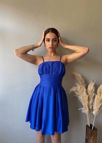 Parlak Mavi Mini Drapeli Kadın Elbise - Görsel 3