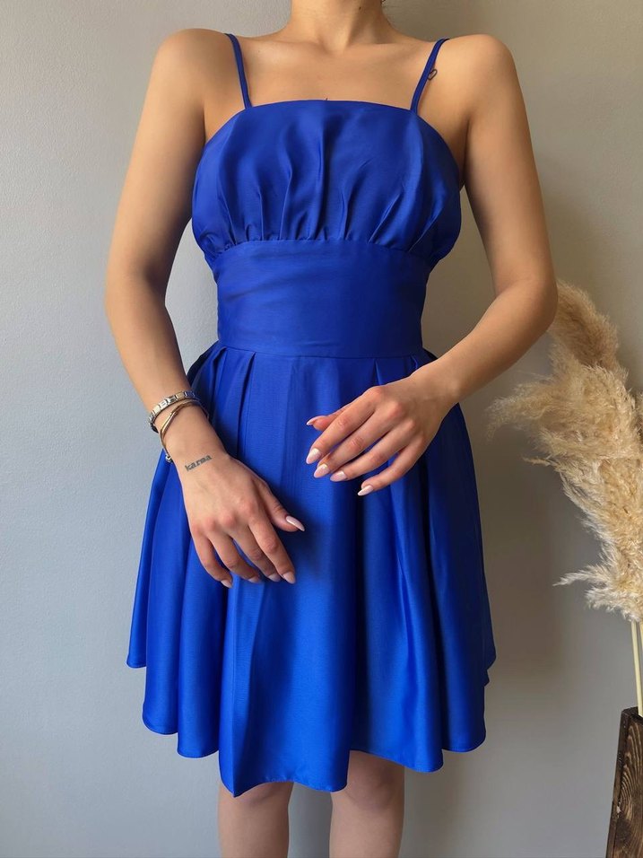 Parlak Mavi Mini Drapeli Kadın Elbise - Görsel 4