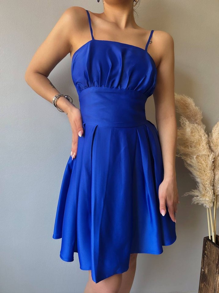 Parlak Mavi Mini Drapeli Kadın Elbise - Görsel 5