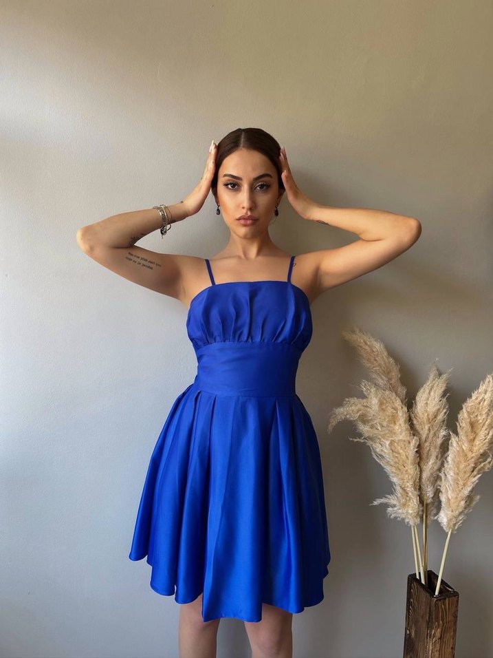 Parlak Mavi Mini Drapeli Kadın Elbise - Görsel 3