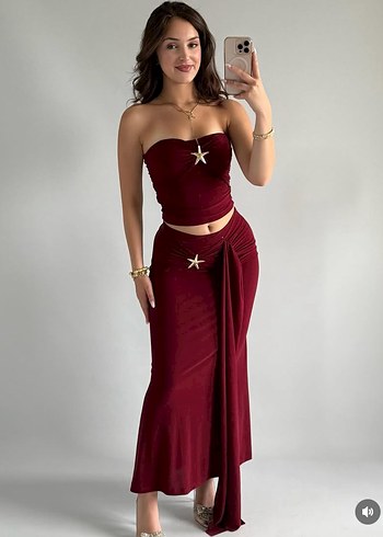 s Beden Bordo Drapeli Uzun Straplez Abiye Elbise