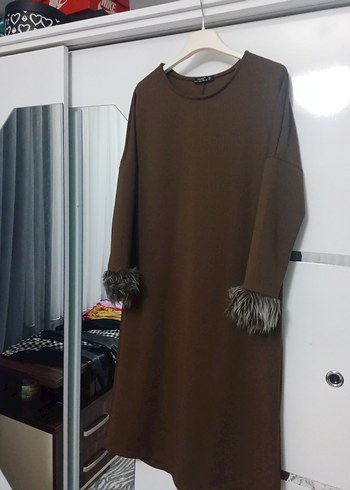 Kahverengi Uzun Tunik Kürk Detaylı