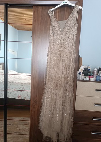 38 Beden Bej Drapeli Uzun Abiye Elbise