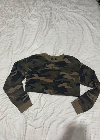 m Beden Kahverengi Kamuflaj Crop Sweatshirt