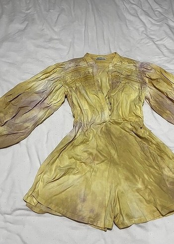 Kadın Sarı Bağlama Desenli Keten Mini Tulum - Görsel 2