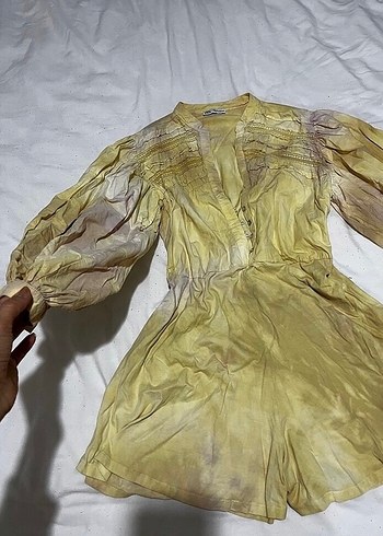 Kadın Sarı Bağlama Desenli Keten Mini Tulum - Görsel 6