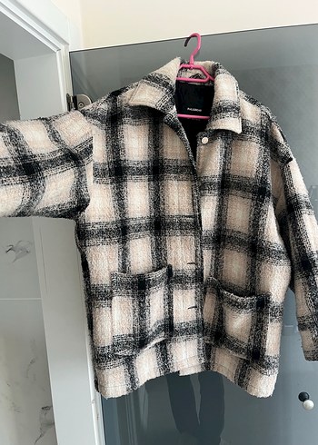 Düğmeli Ekose Gri Yün Kadın kaban - Görsel 2