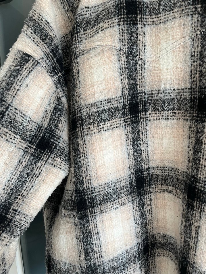 Düğmeli Ekose Gri Yün Kadın kaban - Görsel 5