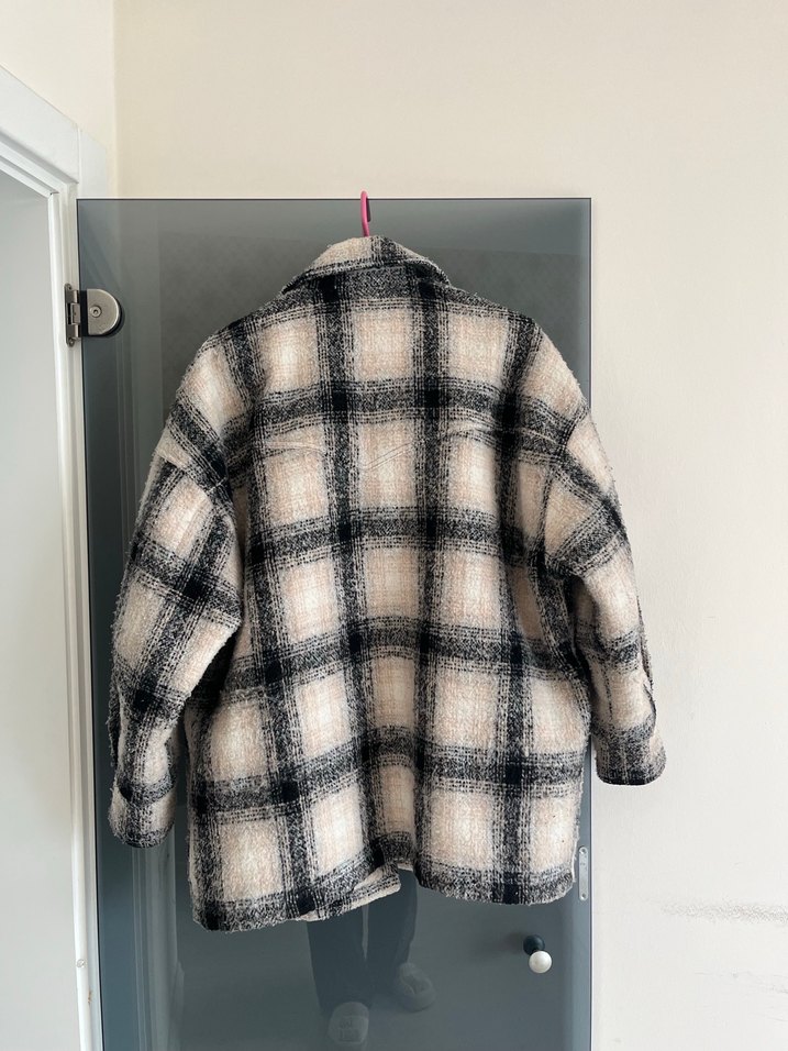 Düğmeli Ekose Gri Yün Kadın kaban - Görsel 4