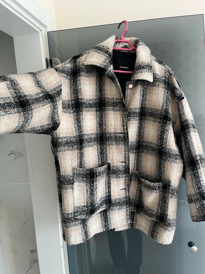 Düğmeli Ekose Gri Yün Kadın kaban - Görsel 2