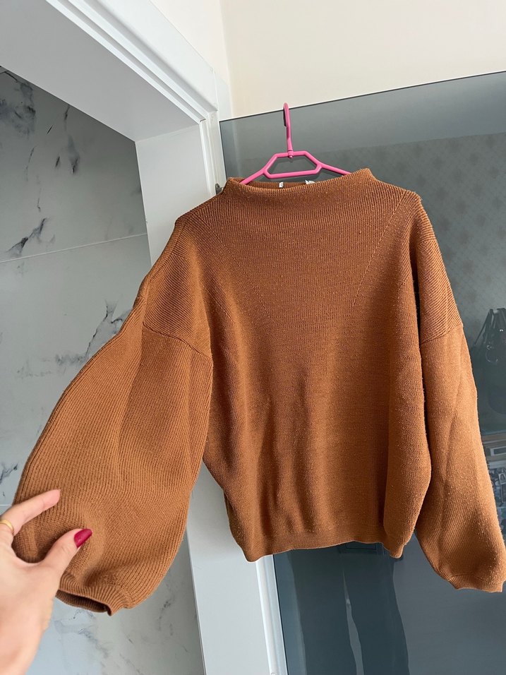 Kahverengi Kadın Örgü Yün Kazak - Görsel 3