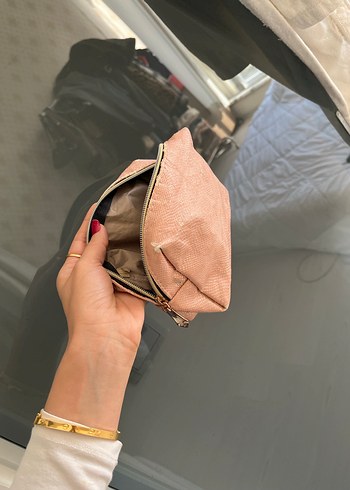 Bej Yılan Desenli Deri Makyaj Çantası - Görsel 5