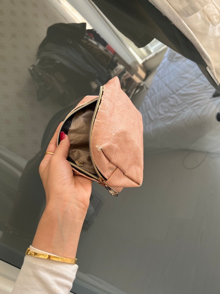 Bej Yılan Desenli Deri Makyaj Çantası - Görsel 5