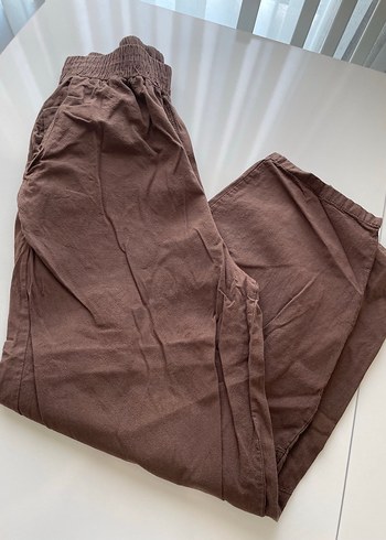Kadın Kahverengi Keten Geniş Paça Pantolon