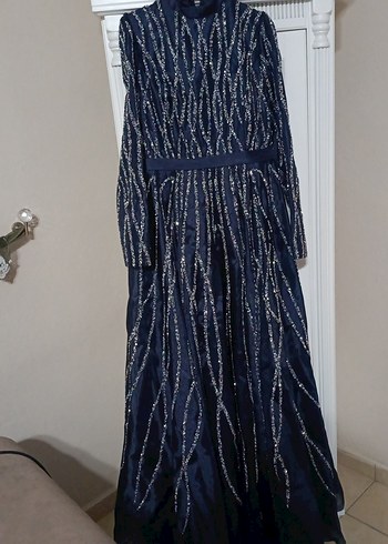 Uzun Kollu Nakışlı Mavi Abiye - Görsel 4